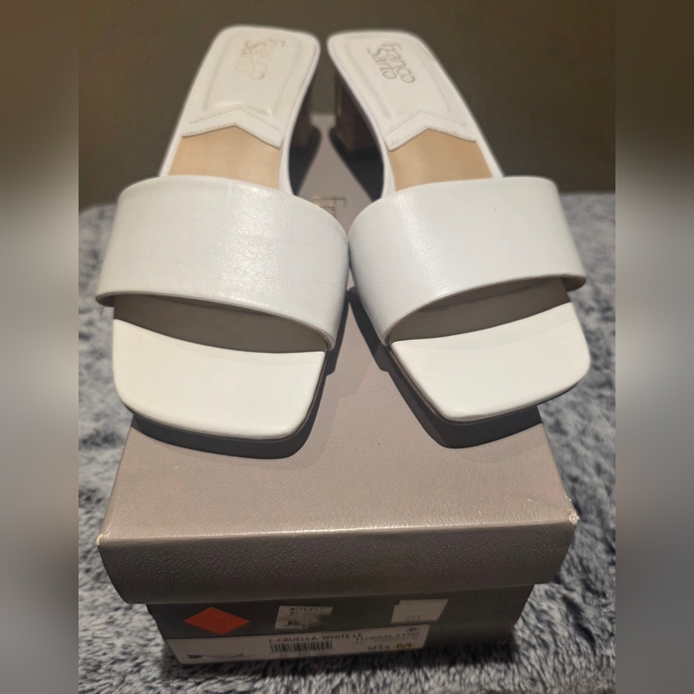 Franco Sarto White Leather Slide Mules with Square Toe